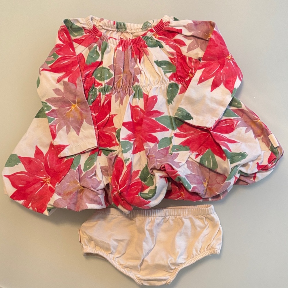 Poinsettia bubble dress with diaper cover NB